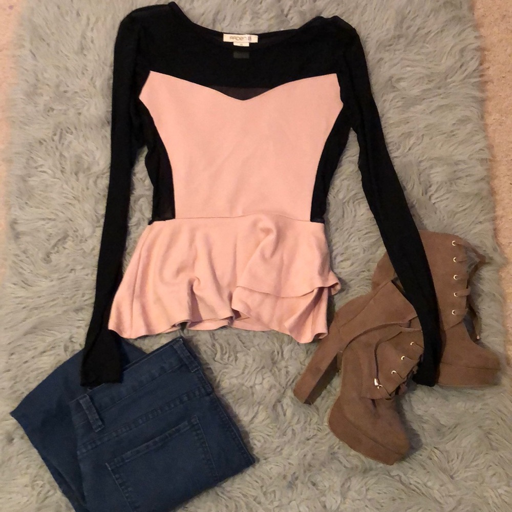 Arden B Sheer black and pink long sleeve blouse